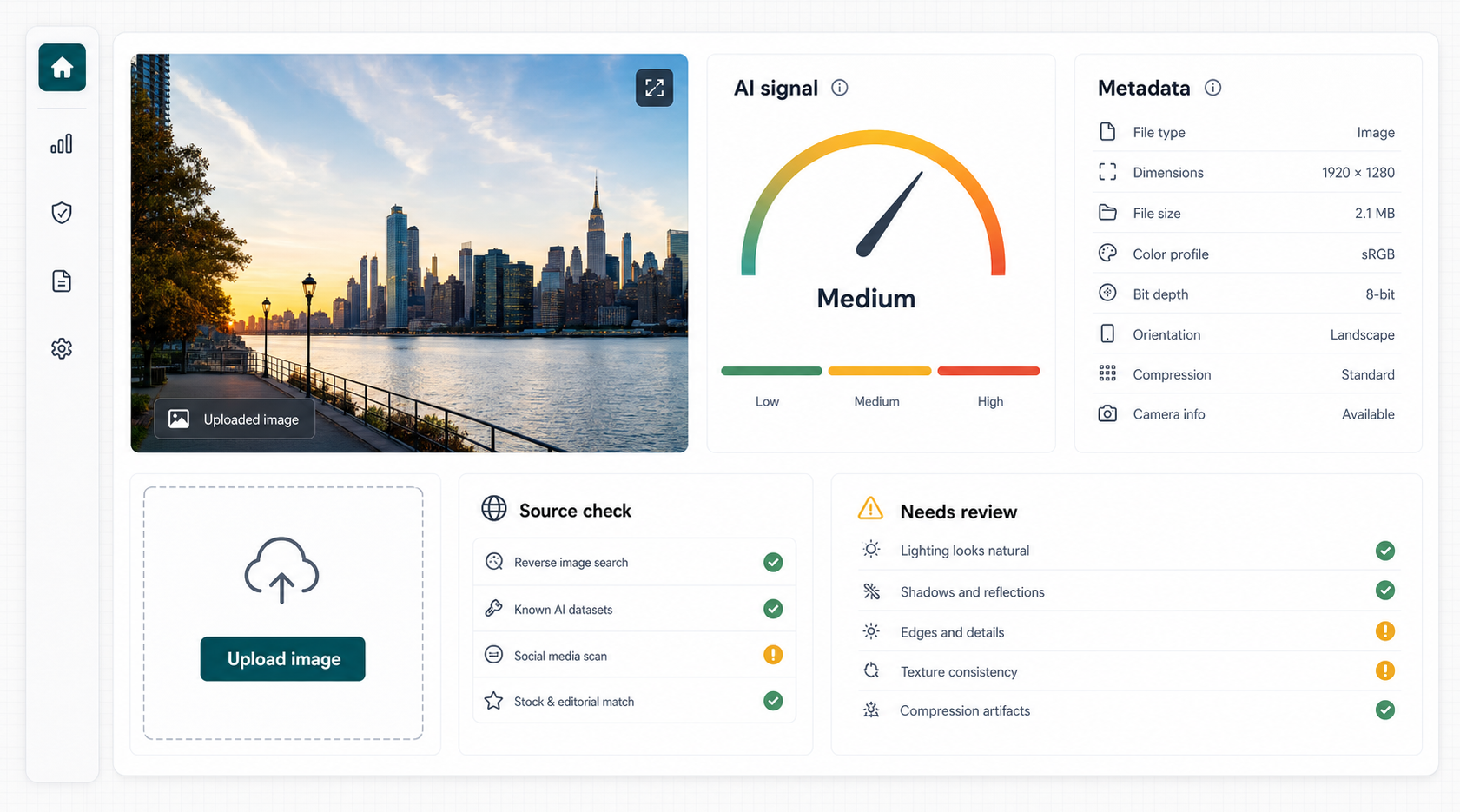 AI image checker dashboard showing an uploaded image, AI signal, metadata, source check, and review checklist